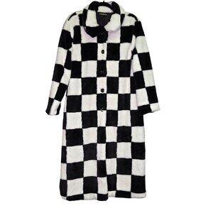Eilly Bazar Womens Long Checkered Faux Fur Teddy Long Coat L Black & White